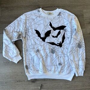 NWT Small Halloween Crew Neck Sweater Black White Gray Spider Web Bats